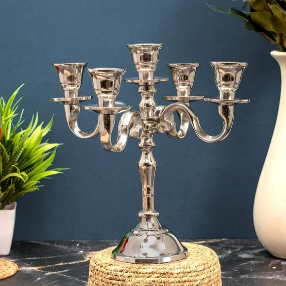 5 Arm Baby Candelabra Silver Glossy 8 Inch Taper Candle Holders - Picture 9 of 14